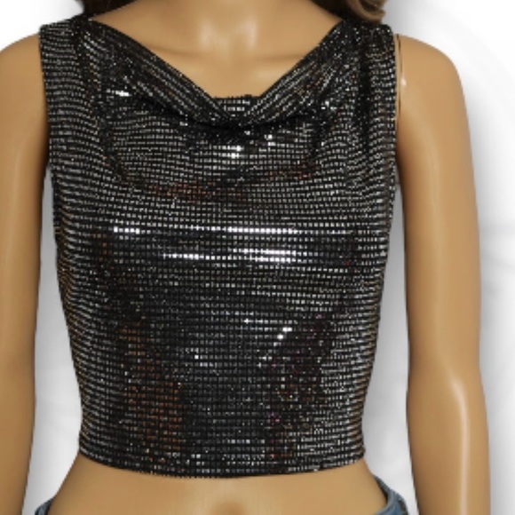 Sincerely Jules Sparkly Black Cow Neckline Sequin Sleeveless Crop Top, Small - Picture 5 of 13